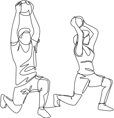simple schwarz-weiß Skizze mit zwei Personen beim Training, die Bälle über ihren Kopf halten