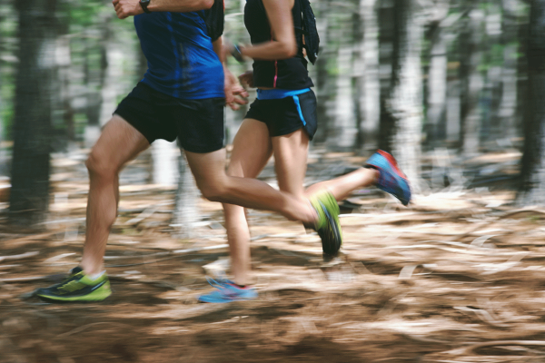 Zwei Läufer in Sportkleidung laufen durch den Wald