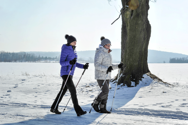 Zwei Frauen beim Nordic Walking in sonniger Winterlandschaft